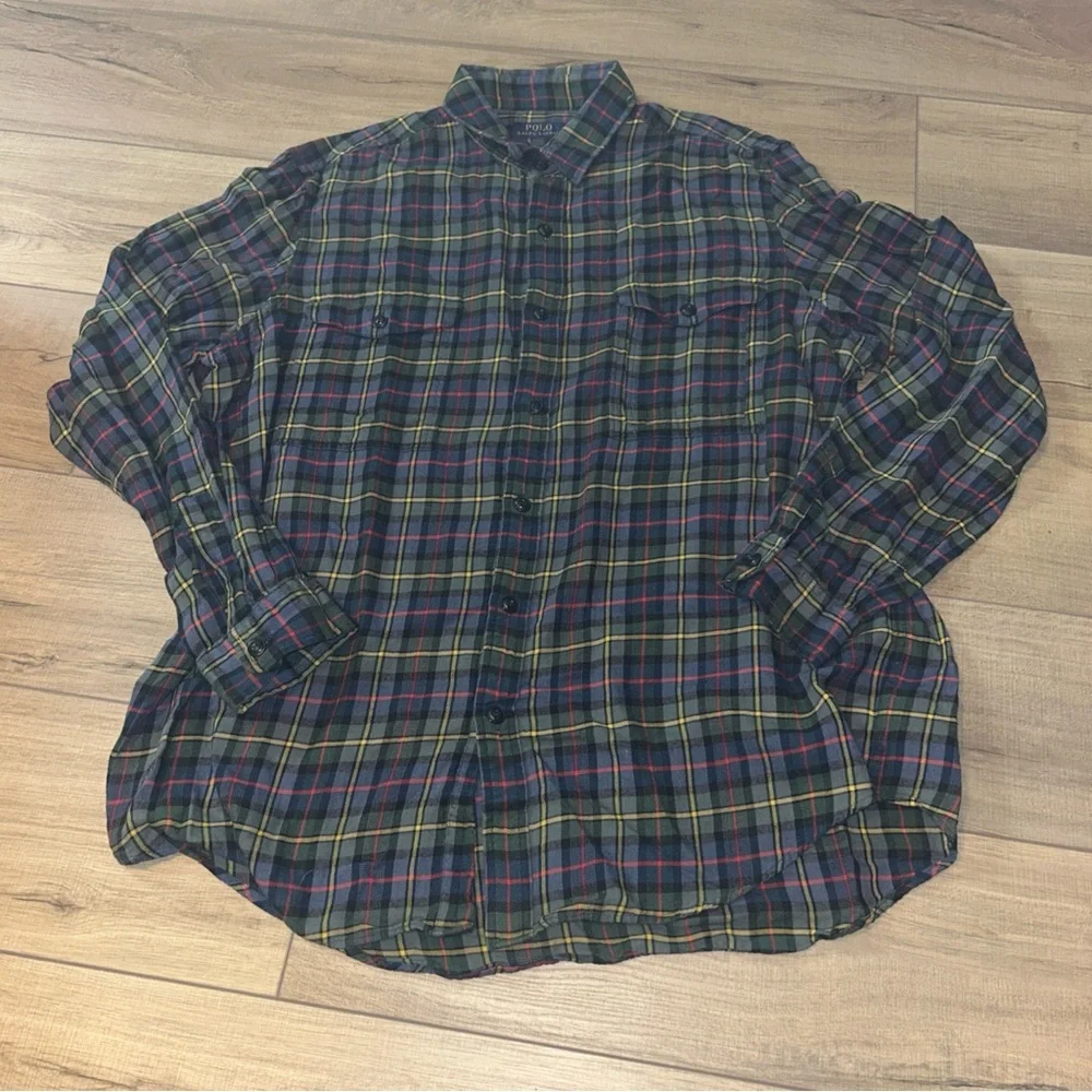 Ralph Lauren Plaid Button Up Shirt Christmas Cabin Rugged Green And Blue Men XL